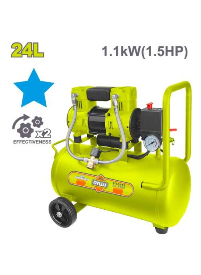 ضاغط هواء DYLLU سعة 24 لتر بدون زيت وهادئ، قدرة 1.5 حصان (1.1 كيلوواط)، ضغط 8 بار، ضاغط كهربائي محمول بعجلات للاستخدام المنزلي وورش العمل